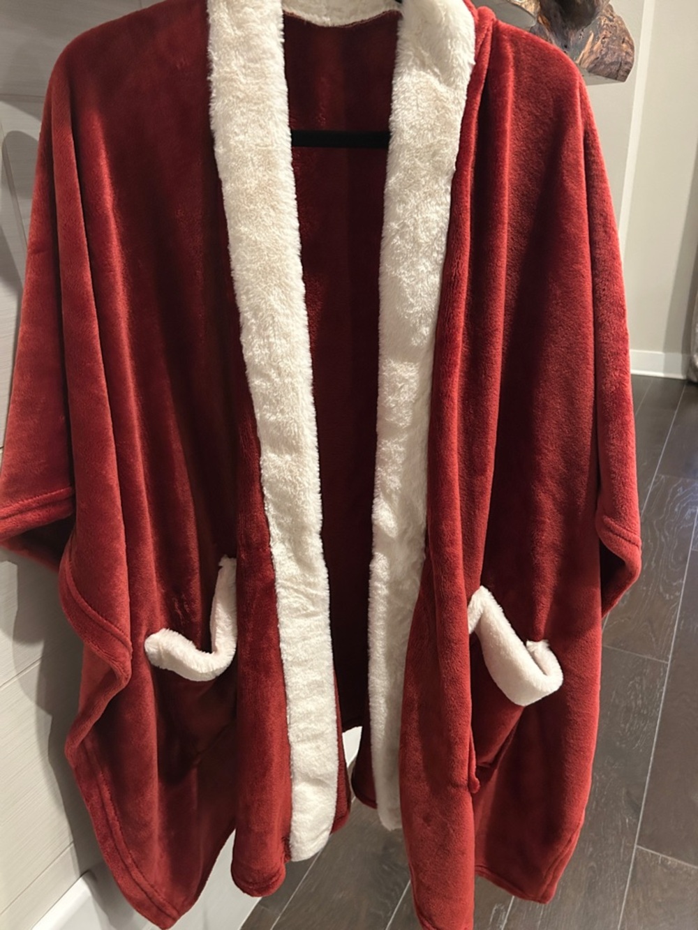 NWOT Cozy Red Plush Shawl Coat with Cream Trim